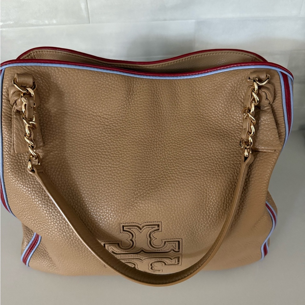 Tory Burch Tan Shoulder Bag with Red and Blue Trim - Picture 2 of 14